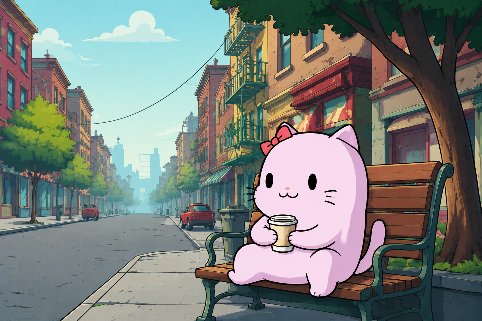 BUB the pink cat sipping coffee on a bench